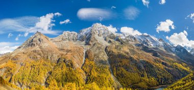 İsviçre Alp Dağları 'nın Panorama' sı Grand Dent de Veisivi, Dent di Perroc ve Pointe des Genevois zirveleri altın sonbahar mevsiminde, tepelerde sarı tarla ormanı, İsviçre 'de Canton Wallis, İsviçre