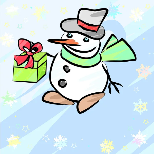 Snowman with gift — Stock Vector