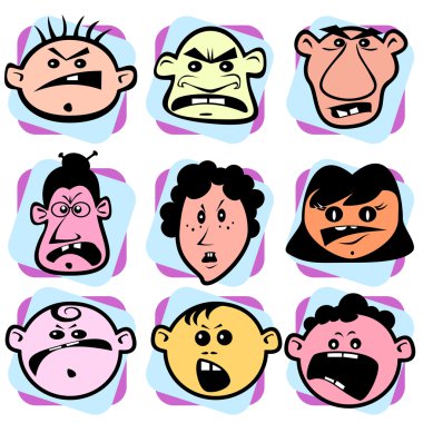 Angry doodle faces of men, women and children clipart