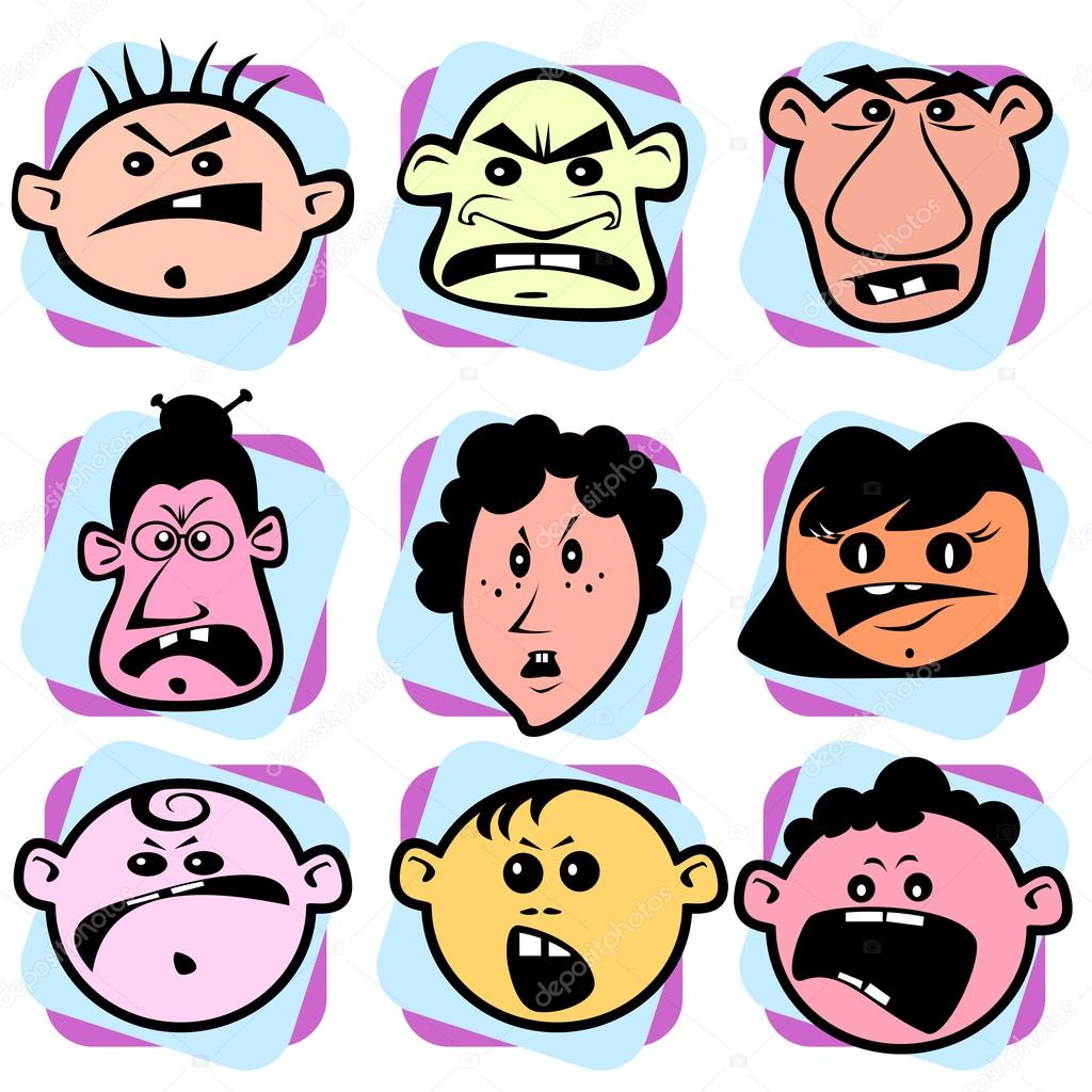 Angry doodle faces of men, women and children