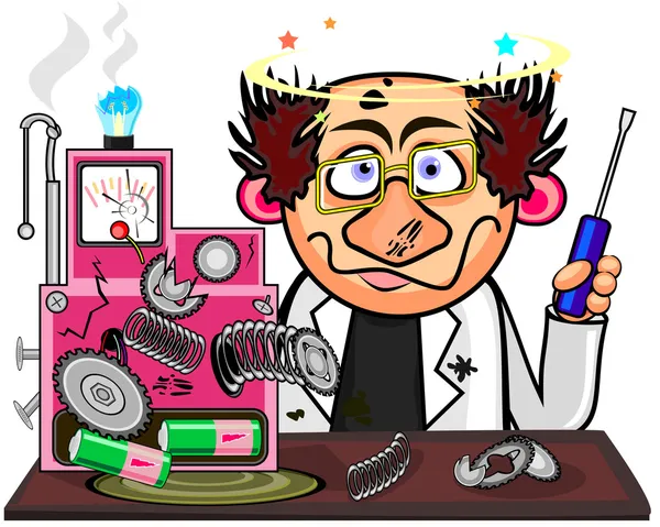 Inventor with cool hairstyle after explosion of his device — Stock Vector