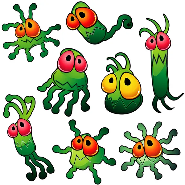 Восемь зеленых микробов с щупальцами — стоковый вектор
