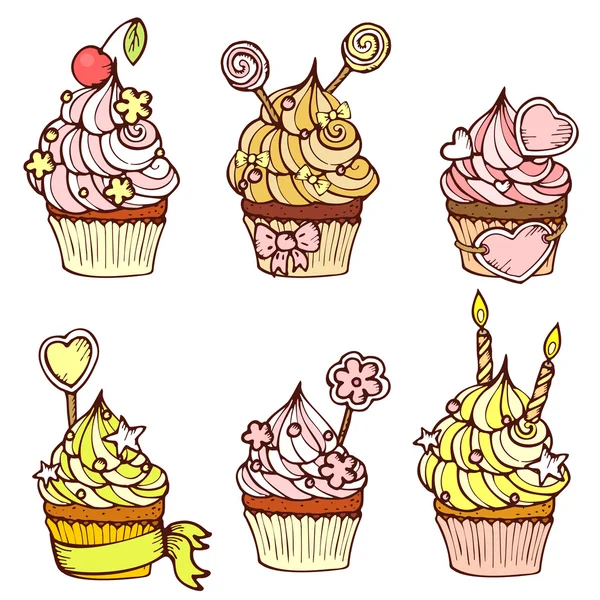 Six cupcakes dessinés à la main — Image vectorielle