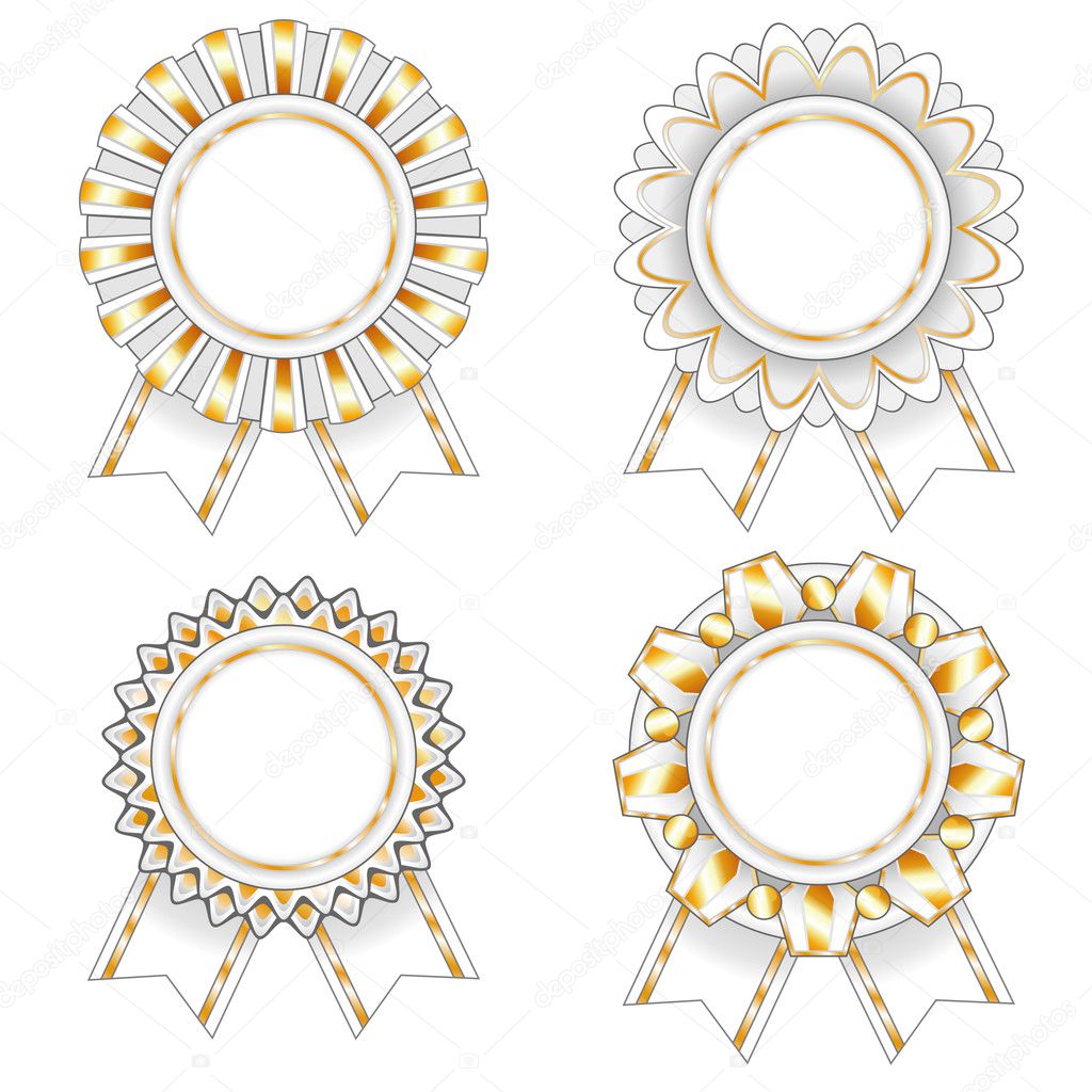 Four white and gold rosettes