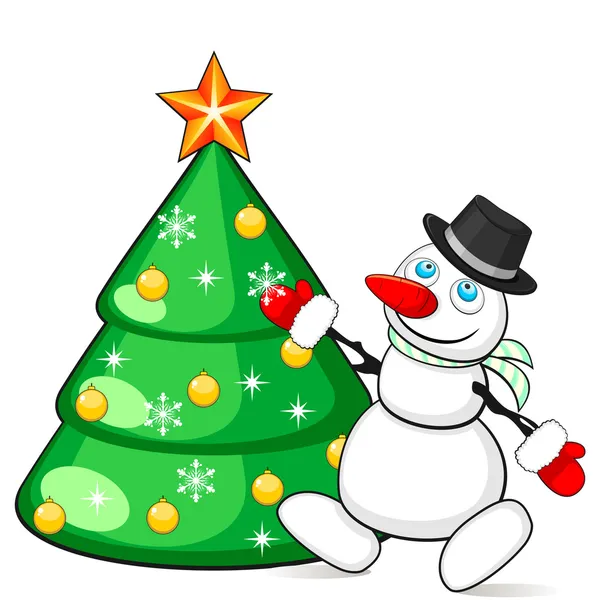 Muñeco de nieve decorando árbol de Navidad — Vector de stock