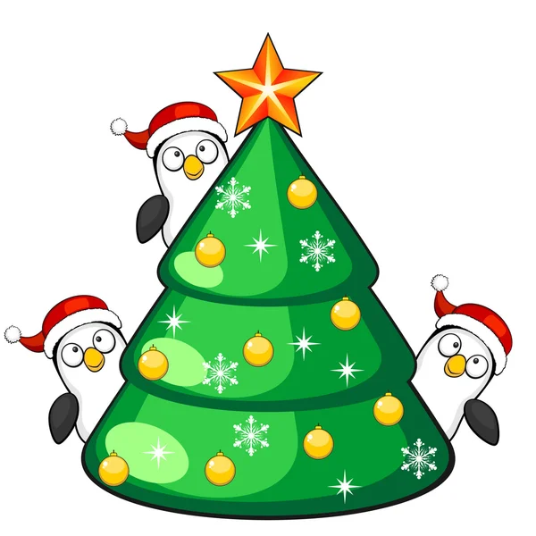 Τρεις πιγκουΐνους και χριστουγεννιάτικο δέντρο — Διανυσματικό Αρχείο