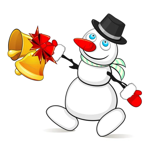 Hombre de nieve con campanas de Navidad — Vector de stock