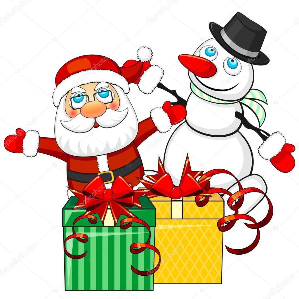 Christmas gifts and Santa Claus with snowman