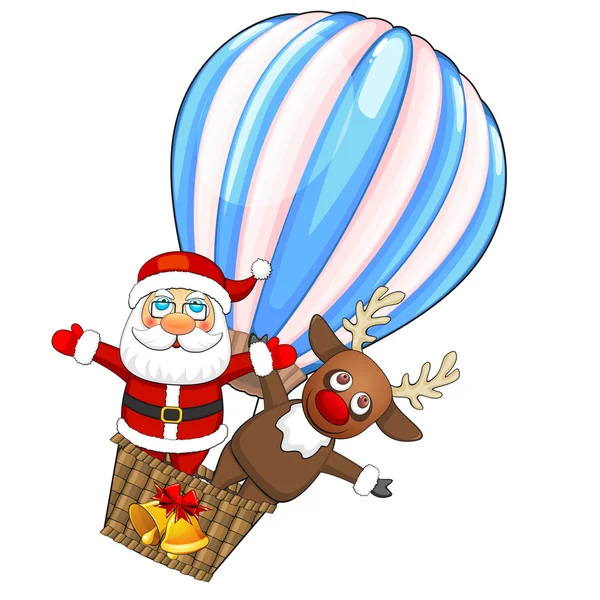 Hot air balloon with Santa Claus and deer — Stock Vector