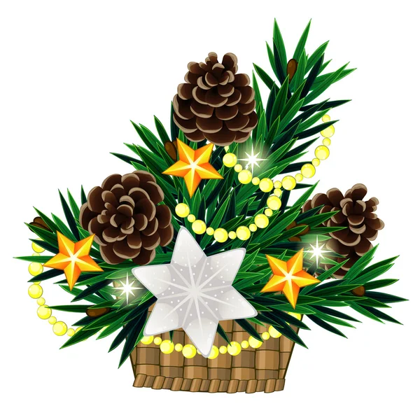 Composizione natalizia in cesto con grande stella d'argento — Vettoriale Stock