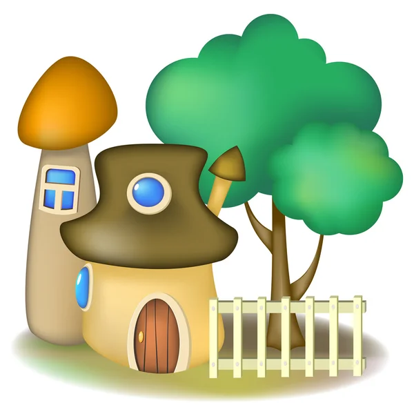 Duas casas de cogumelos e árvore — Vetor de Stock