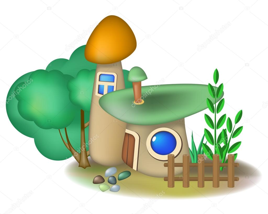 Two mushroom houses and bush