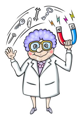 Çizgi film öğretmeni ya da bilim adamı büyük at nalı mıknatısı hareketi gösteriyor