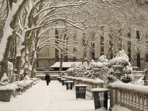 A view of Bryant Park in Manhattan after a freshly fallen snow.