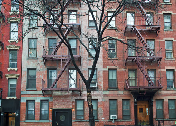 A view of a Winter tree and old brick apartment buildings in Manhattan.
