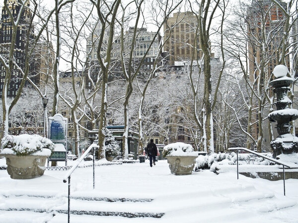 Bryant Park in Manhattan after an early morning snow.