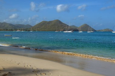 Sabahın erken saatlerinde St Lucia 'daki Rodney Körfezi kıyı şeridi manzarası.
