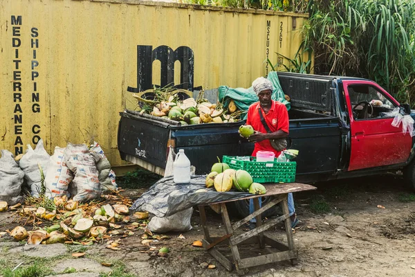Gros Islet Lucia Maj Sprzedawca Dostaje Swoje Zielone Kokosy Gotowe — Zdjęcie stockowe
