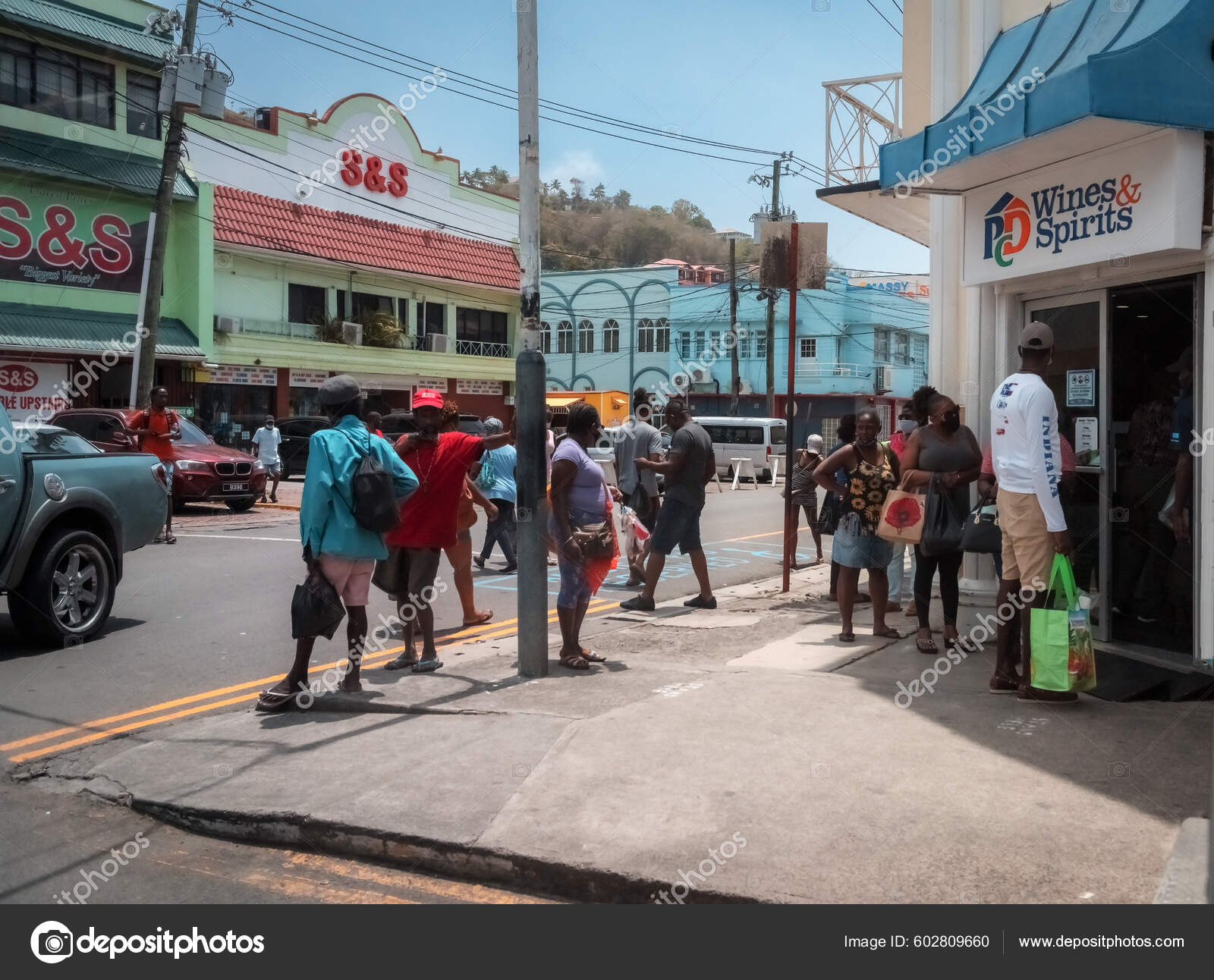 Castries Lucia April Crowded Local Street Corner Liquor Store