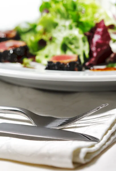 Garfo e faca com salada — Fotografia de Stock