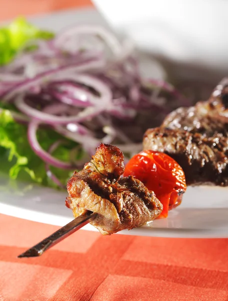 Plato de carne caliente - Cordero a la parrilla con ensalada de cebollas y salsa — Foto de Stock