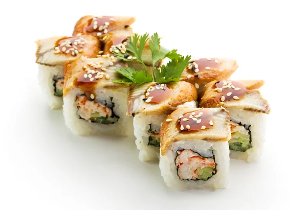Roll made of Salmon, Cream Cheese and Avocado inside. Topped with Smoked Eel — Stock Photo, Image