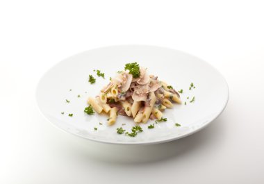 mantar ve parmesan peynirli makarna penne. maydanoz ile süslenmiş