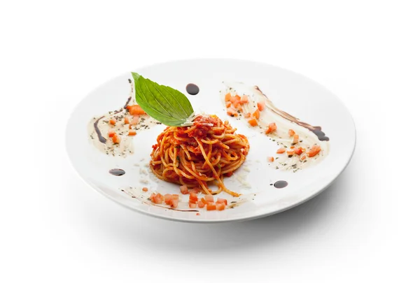 Spaghetti with Tomato Sauce and Grren Leaf — Stock Photo, Image