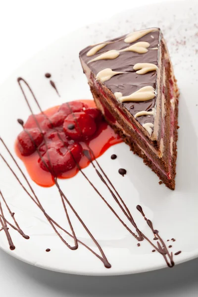 Dessert - Berries and Chocolate Cake with Berries Sauce — Stock Photo, Image