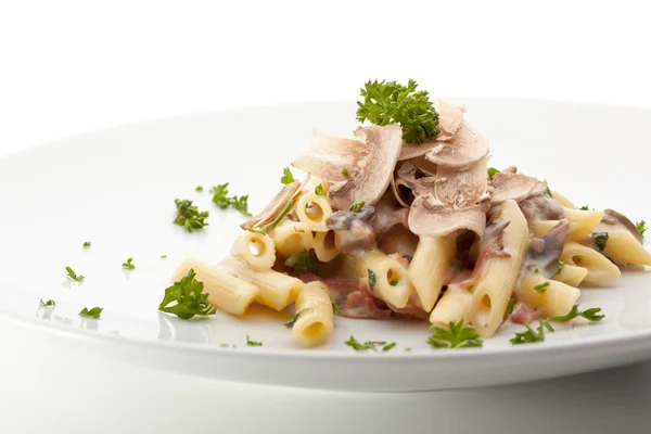Pasta Penne with Mushrooms and Parmesan Cheese. Garnished with Parsley — Stock Photo, Image