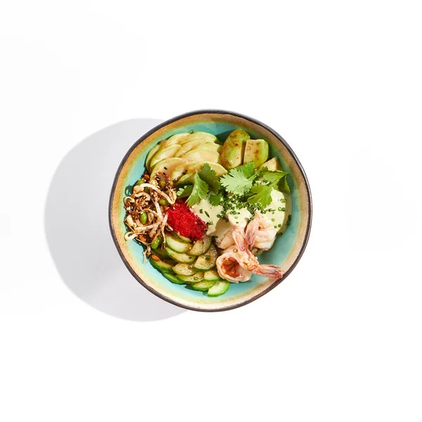 Zdrowa Żywność Poke Bowl Krewetki Ryż Świeże Warzywa Fasola Edamame — Zdjęcie stockowe
