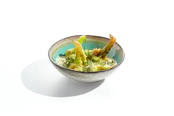 Fried Tempura Broccoli Peanut Sauce Bowl Vegeterian Hot Dish Florets — Stock Photo, Image