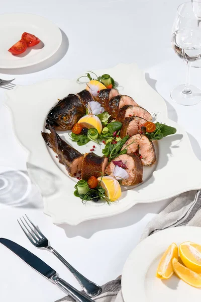 Banquet Dishes Smoked Rainbow Trout White Catering Table Elegant Smoked — Stock Photo, Image