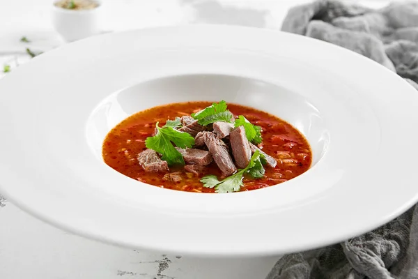 Sopa Carne Georgiana Autêntica Kharcho Cordeiro Georgiano Sopa Arroz Prato — Fotografia de Stock