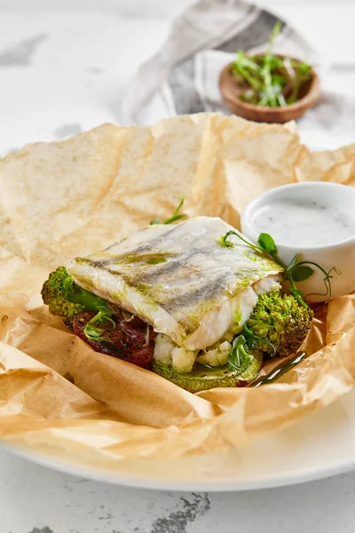 Filetto Pesce Bianco Con Broccoli Stile Rustico Note Alimentazione Filetto — Foto Stock