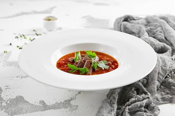 Sopa Carne Georgiana Autêntica Kharcho Cordeiro Georgiano Sopa Arroz Prato — Fotografia de Stock