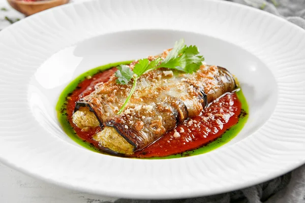 Eggplant Rolls Stuffed Tomato Cheese Baked Eggplant Cheese Rollatini Eggplant — Stock Photo, Image