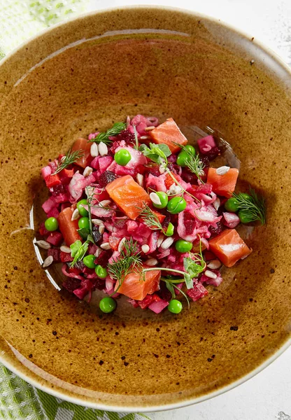 Salada Russa Tradicional Vinagrete Verduras Fervidas Repolho Pêssego Verde Salada — Fotografia de Stock
