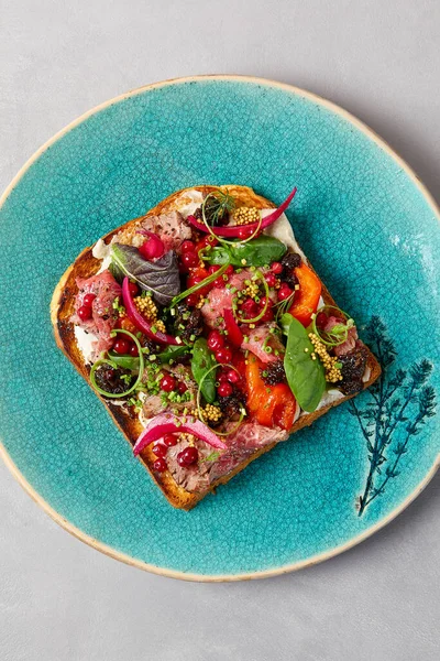 Bruschetta Com Rosbife Páprica Assada Cebola Placa Cerâmica Azul Torrada — Fotografia de Stock