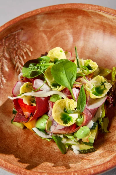 Salada Com Pastrami Legumes Molho Tigela Cerâmica Artesanal Salada Verduras — Fotografia de Stock