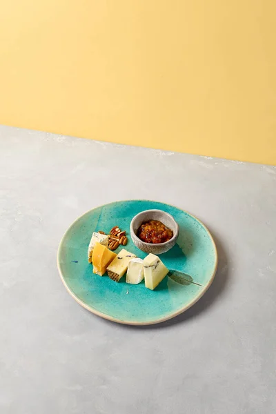 Cheese Platter Blue Ceramic Plate Cheeseboard Handmade Dinner Plate Modern — Stock Photo, Image