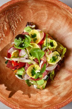 Pastırmalı salata, sebze ve el yapımı seramik kasede sos. Gri taşlı arka planda modern bulaşık takımında biftek ve sebze salatası. Şef 'ten çağdaş yemek. El yapımı yemek tabağı.