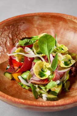 Pastırmalı salata, sebze ve el yapımı seramik kasede sos. Gri taşlı arka planda modern bulaşık takımında biftek ve sebze salatası. Şef 'ten çağdaş yemek. El yapımı yemek tabağı.