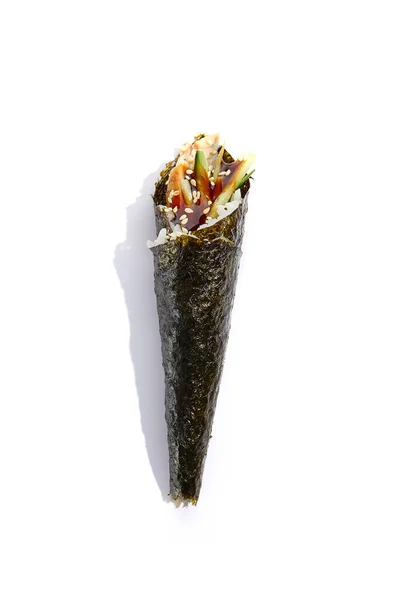 Sushi Temaki Japonês Com Enguia Pepino Molho Unagi Fundo Branco — Fotografia de Stock