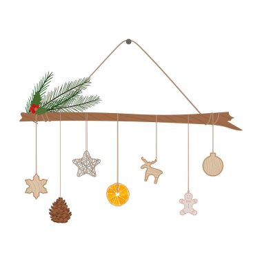 Alternatif Noel ağacı dal ve eko ahşap, kağıt, tekstil oyuncakları, çam kozalağı, ipe asılı kuru portakal. Plastiksiz kış tatili. El çizimi vektör illüstrasyonu