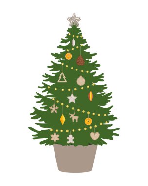 Tahta, kağıt, tekstil oyuncakları, çam kozalakları ve kuru portakallı Noel ağacı. Ekolojik Noel ağacı. Plastiksiz kış tatili. El çizimi vektör illüstrasyonu