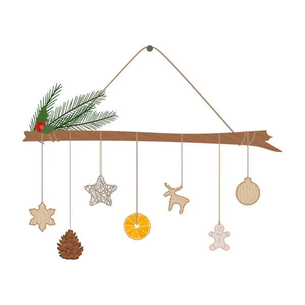 枝やエコ木材 繊維玩具 松のコーン ロープにぶら下がって乾燥オレンジで作られた代替クリスマスツリー プラスチックフリー冬休み 手描きベクトルイラスト — ストックベクタ