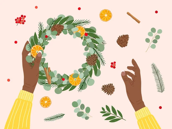 Μαύρα Γυναικεία Χέρια Κρατούν Και Φτιάχνουν Χριστουγεννιάτικο Στεφάνι Οικολογικά Υλικά — Διανυσματικό Αρχείο