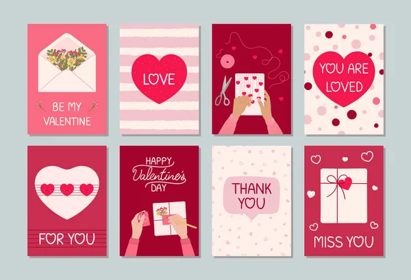 手書きグリーティングレタリング ギフトボックス 女性の手 心を持つ8つのバレンタインデーグリーティングカードのセット ハッピーバレンタインの日のコンセプト 招待状 ポスターのための手描きベクトルイラスト — ストックベクタ