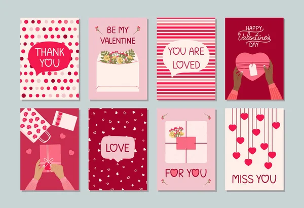 手書きグリーティングレタリング ギフトボックス 女性の手 心を持つ8つのバレンタインデーグリーティングカードのセット ハッピーバレンタインの日のコンセプト 招待状 ポスターのための手描きベクトルイラスト — ストックベクタ